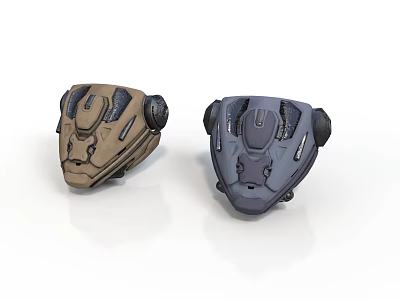 Two Tactical Mechanical Helmets Brown And Dark Gray With Detailed Surface And Tech Inspired Structure 3d model