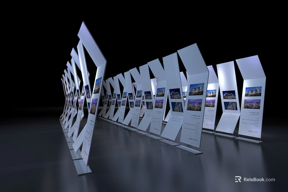 Modern Art Installation With Geometric White Panels And Display Screens 3d model 