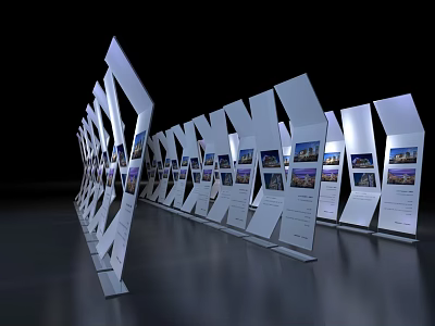 Modern Art Installation With Geometric White Panels And Display Screens 3d model