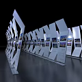 Modern Art Installation With Geometric White Panels And Display Screens
