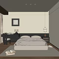 Modern Bedroom Interior Design With Neutral Bed Dark Headboard Desk And Wall Art