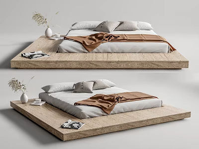 Modern Double Bed on Wooden Platform with White Sheets Brown Blanket Decorative Vase and Magazines 3d model