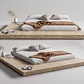Modern Double Bed on Wooden Platform with White Sheets Brown Blanket Decorative Vase and Magazines