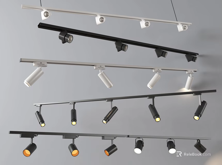 Modern Track Downlights And Spotlights With Black White Rails And Adjustable Heads 3d model 