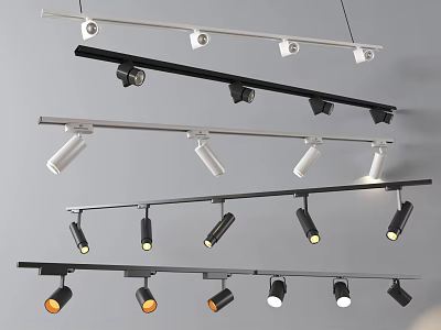 Modern Track Downlights And Spotlights With Black White Rails And Adjustable Heads 3d model