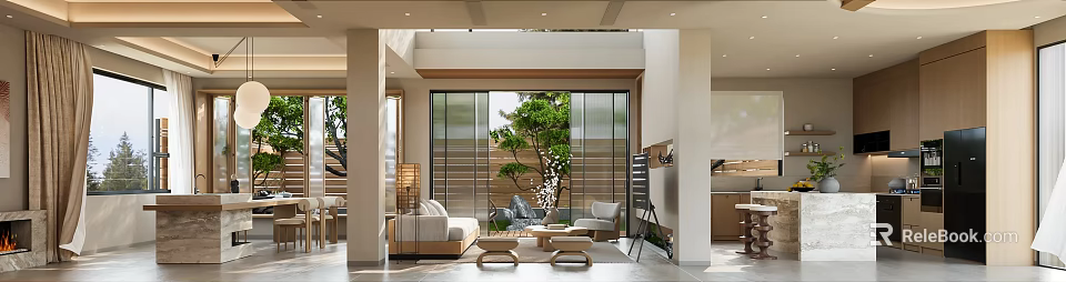 Modern Living And Dining Room Interior With Large Windows Green Tree And Natural Light 3d model 