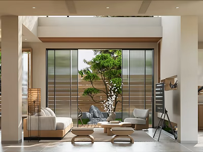 Modern Living And Dining Room Interior With Large Windows Green Tree And Natural Light 3d model