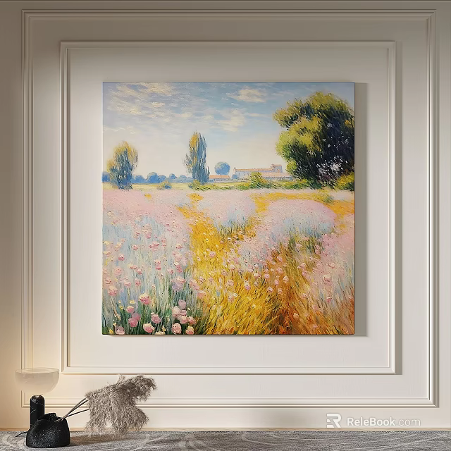Vibrant Landscape Oil Painting With Colorful Flower Field Trees And Blue Sky 3d model 
