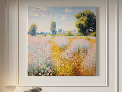 Vibrant Landscape Oil Painting With Colorful Flower Field Trees And Blue Sky 3d model