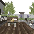 Roof Garden With Wooden Deck Sofa Fire Pit Trees Purple Flowers Outdoor Lighting