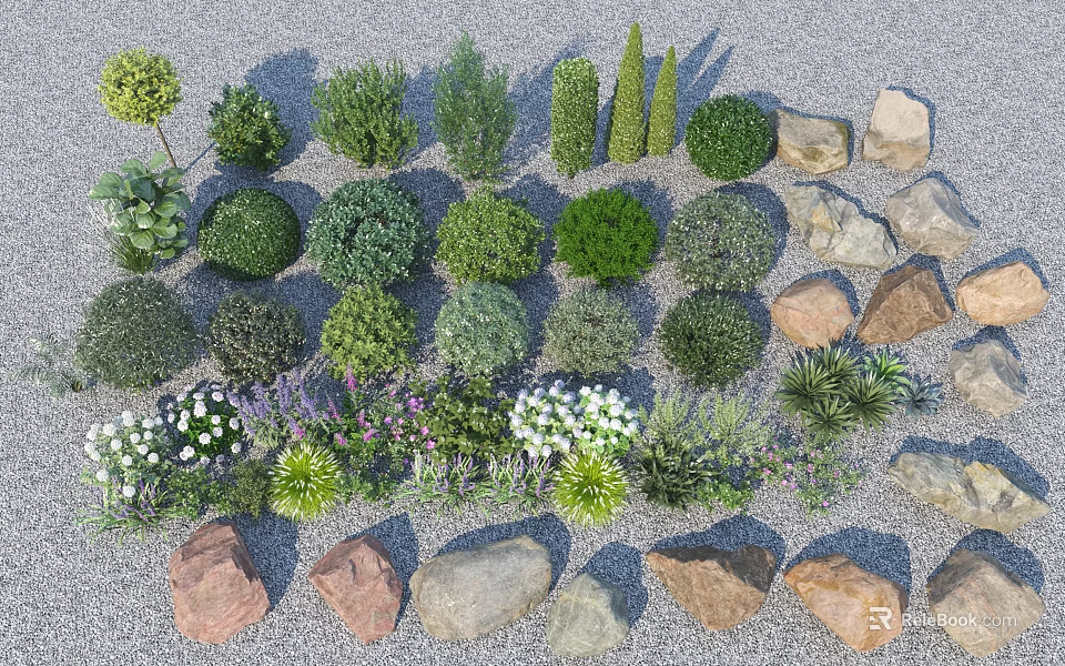 Stone and Wood Decorative Elements with Various Plants and Natural Textures 3d model 