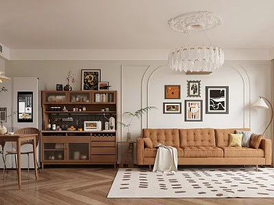 Warm Open Dining And Living Room Interior Design With Tufted Sofa And Wooden Storage Cabinets 3d model