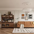 Warm Open Dining And Living Room Interior Design With Tufted Sofa And Wooden Storage Cabinets