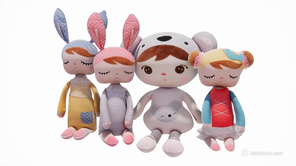 Soft Cute Stuffed Plush Dolls Collection Rabbit Bear Girl Pink Blue Outfits For Kids 3d model 