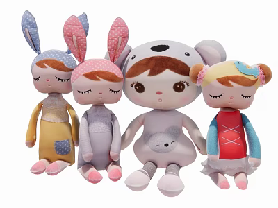Soft Cute Stuffed Plush Dolls Collection Rabbit Bear Girl Pink Blue Outfits For Kids 3d model