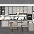 Modern Kitchen Interior With Gray Cabinets Island Counter Hanging Lights And Appliances Dining Chairs