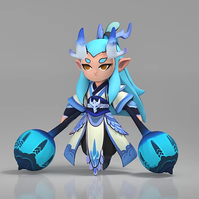 Game Movie Character With Blue White Outfit Horns Long Hair And Blue Spherical Props 3d model