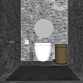 White Toilet In Bathroom With Round Illuminated Mirror Black Textured Walls And Gold Trash Can
