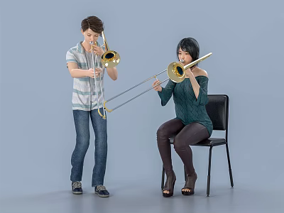 Two Individuals Playing Trombones While One Stands And One Sits 3d model
