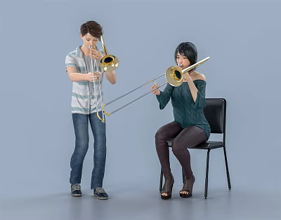 Two Individuals Playing Trombones While One Stands And One Sits 3d model