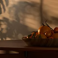 Dining Table with Sunset Light Large Window Blinds Armchair Plant Fruit Bowl and Rug