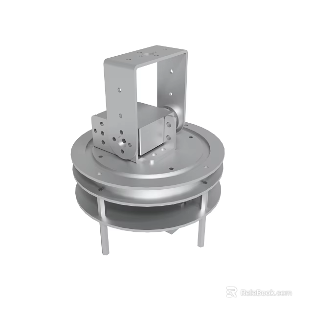 Silver Metal Mechanical Component With Circular Base And Square Bracket Holes 3d model 