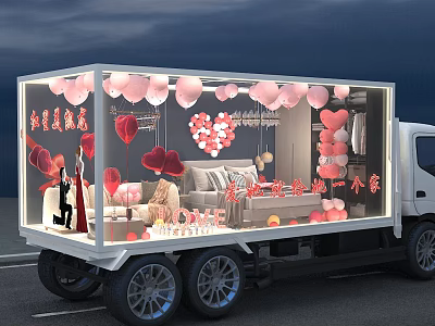 Romantic Truck Interior With Pink Balloons Heart Decorations And Sofa Setup 3d model
