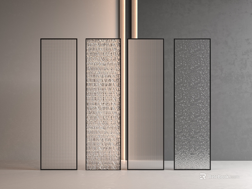 Modern Glass Room Divider Screens With Black Frames And Textured Glass Panels 3d model 