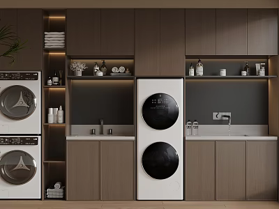 Modern Laundry Room Interior With Stacked Washer Dryer And Wooden Storage Cabinets 3d model