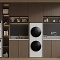 Modern Laundry Room Interior With Stacked Washer Dryer And Wooden Storage Cabinets