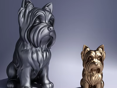 Two Gray And Golden Yorkshire Terrier Dog Sculptures Detailed Sitting Decorative Carving Artwork 3d model