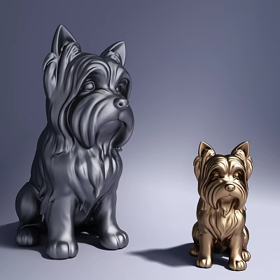 Two Gray And Golden Yorkshire Terrier Dog Sculptures Detailed Sitting Decorative Carving Artwork 3d model