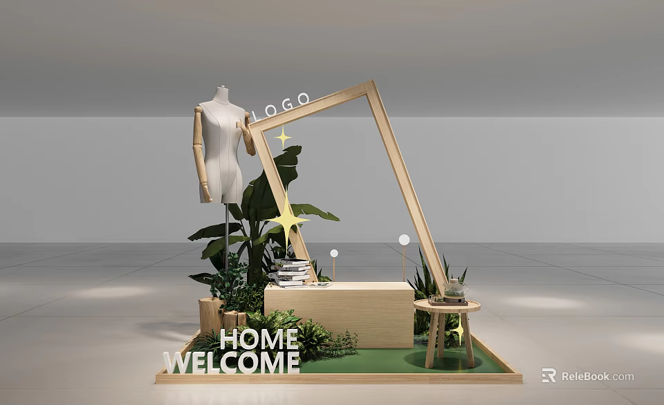 Welcome Home Display Area With Mannequin Wooden Frame Plants Bookshelf And Small Table 3d model 