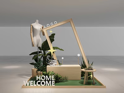 Welcome Home Display Area With Mannequin Wooden Frame Plants Bookshelf And Small Table 3d model
