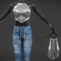 Mannequin Wearing Silver Sequin Halter Top And Blue Distressed Jeans With Transparent Handbag