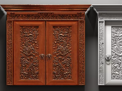 Brown And Silver Carved Double Doors With Intricate Patterns And Decorative Handles 3d model