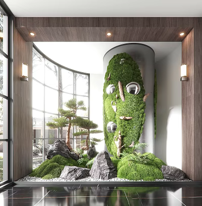 Indoor Landscape Design Featuring Cylindrical Green Moss Wall Circular Decorations Rocks And Small Pine Trees 3d model