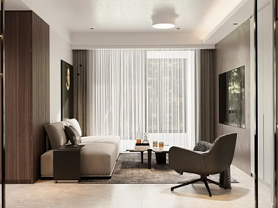 Modern Living Dining Interior Design With Beige Sofa Armchair Coffee Tables And Large Window Curtains 3d model