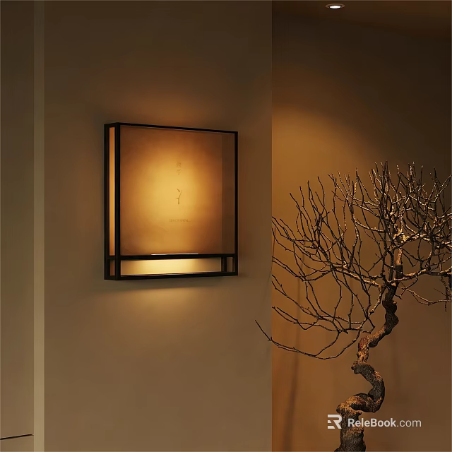 Square Black Frame Wall Lamp With Warm Light And Branch Decoration In Indoor Space 3d model 