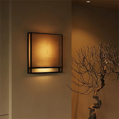 Square Black Frame Wall Lamp With Warm Light And Branch Decoration In Indoor Space 3d model