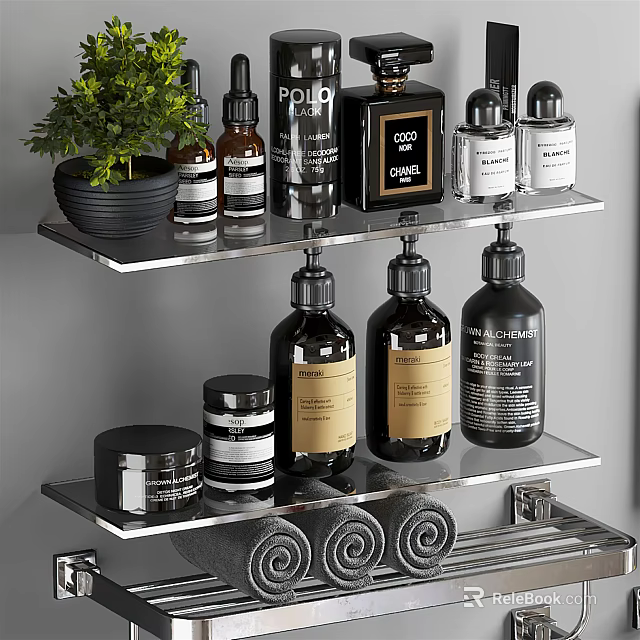 Bathroom Accessories On Stainless Steel Shelves With Lotion Bottles Jars Rolled Towels And Potted Plant 3d model 