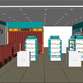 Turquoise And Red Pharmacy Store Interior With Medicine Shelves And Counter