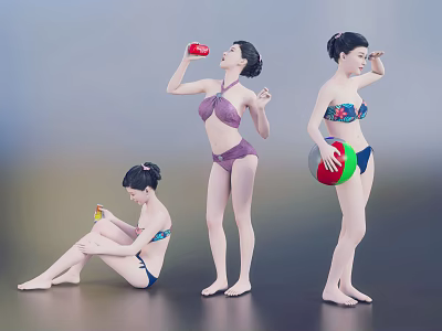 Women in Bikinis with Different Poses Holding Drinks and Beach Ball 3d model