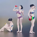 Women in Bikinis with Different Poses Holding Drinks and Beach Ball