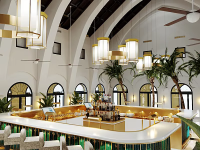 Modern Bar Interior Design With Counter Pendant Lights Arched Windows And Plants 3d model