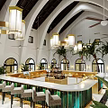 Modern Bar Interior Design With Counter Pendant Lights Arched Windows And Plants