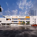 Modern School Building With Curved Structure White Orange Facade Glass Windows And Children Playing Outdoor