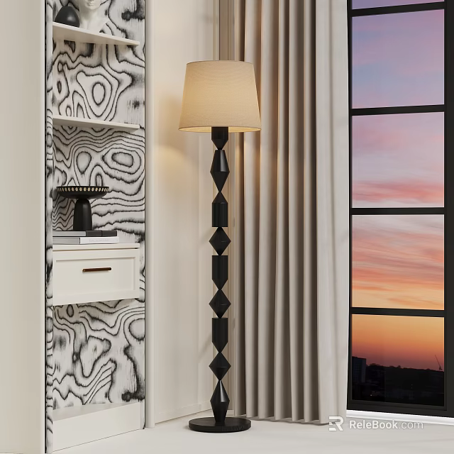 Elegant Floor Lamp With Black Diamond Base Cream Lampshade And Sunset View Through Window 3d model 