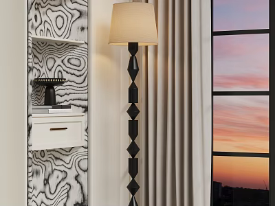 Elegant Floor Lamp With Black Diamond Base Cream Lampshade And Sunset View Through Window 3d model