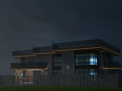 Modern Single Family Villa Exterior At Night Featuring Bright Lighting And Large Glass Windows 3d model